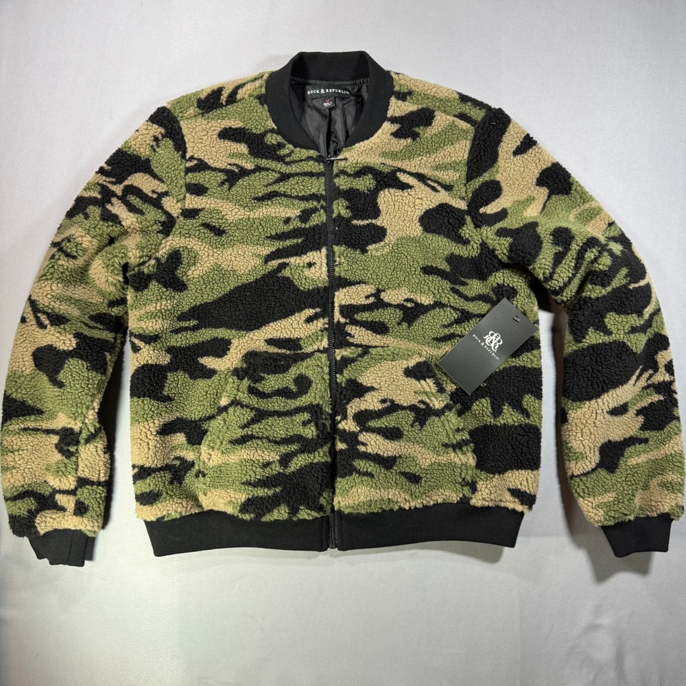 Rock & Republic Womens Camo Sherpa Bomber Jacket Green Camouflage Fleece Medium